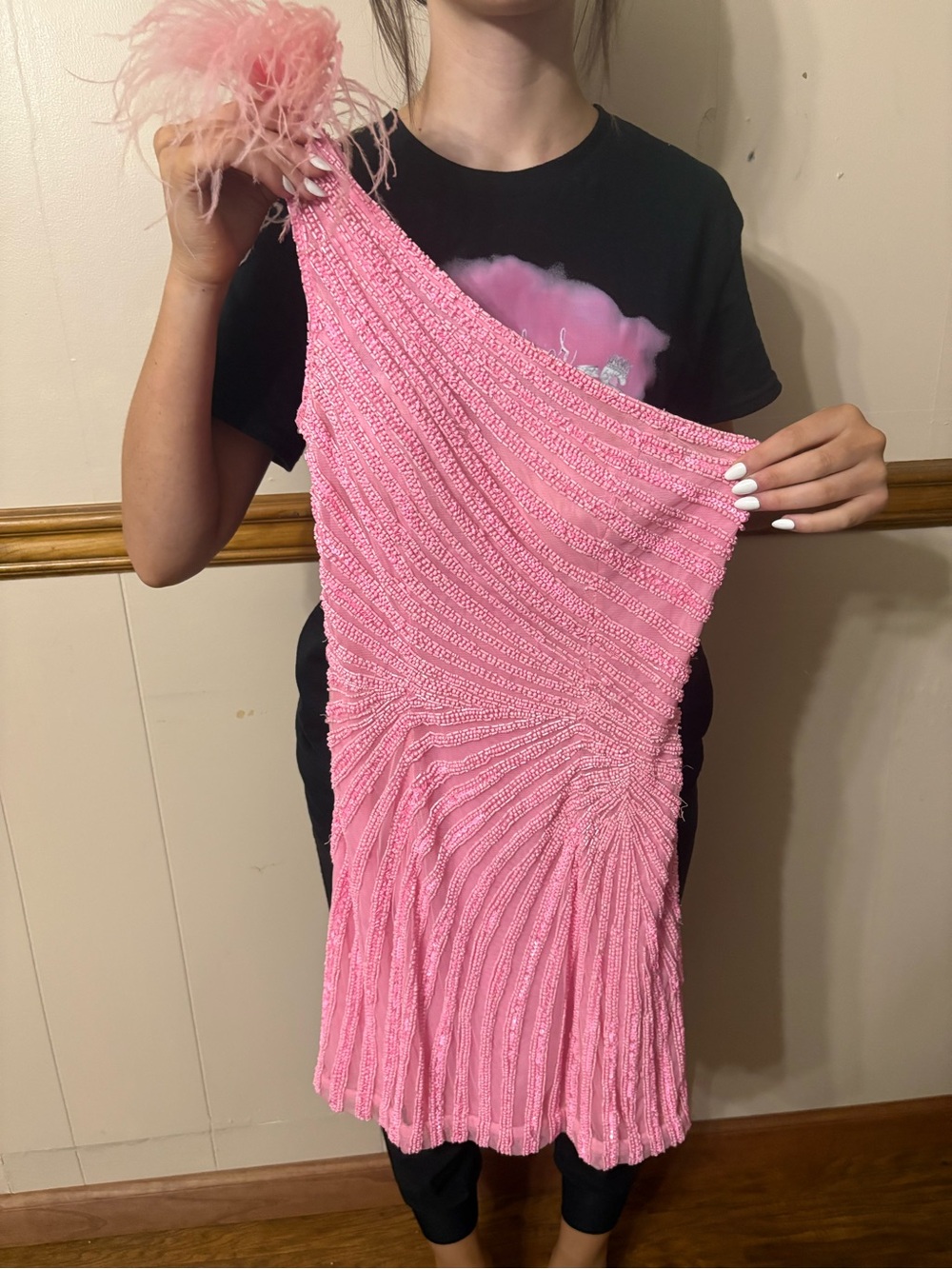 Sherri Hill Pink One-Shoulder Feather Strap Mini Dress